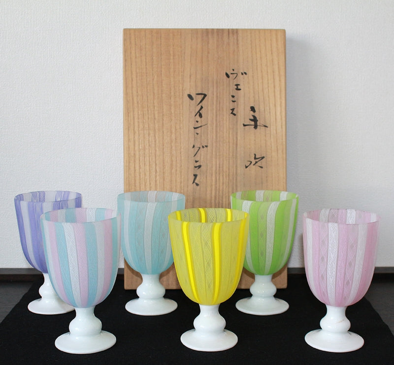 24591 藤田喬平 (手吹ヴェニスワイングラス6客) FUJITA Kyohei