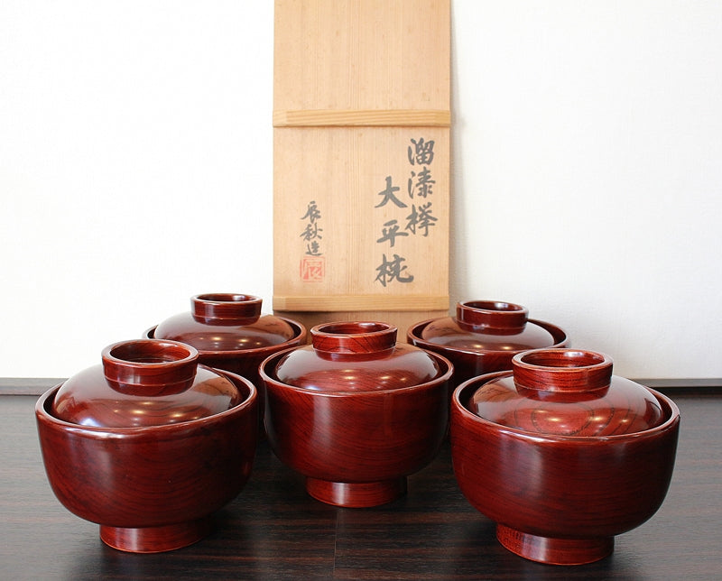 23549 黒田辰秋 (溜漆欅大平椀5客) KURODA Tatsuaki