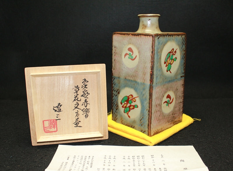 23258 人间国宝 岛冈龙三 (镶嵌红色图画花瓶) 岛冈龙三