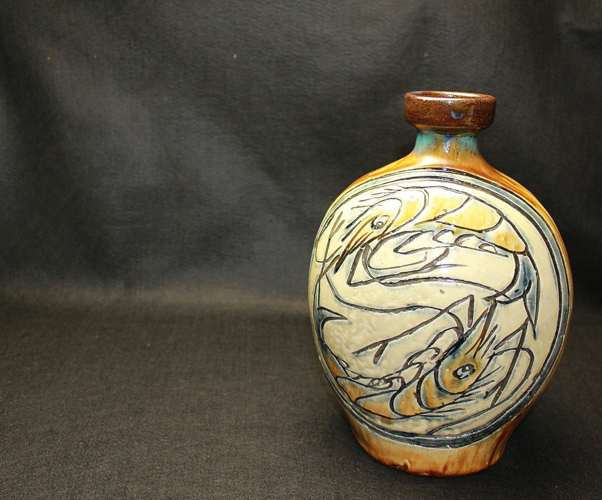 26183 人間国宝 金城次郎 扁壷(海老文) Kinjo Jiro