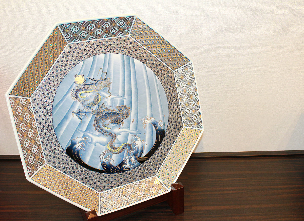 25895 山本一洋 純プラチナ彩 瑞雲昇龍 大皿 YAMAMOTO Ichiyo