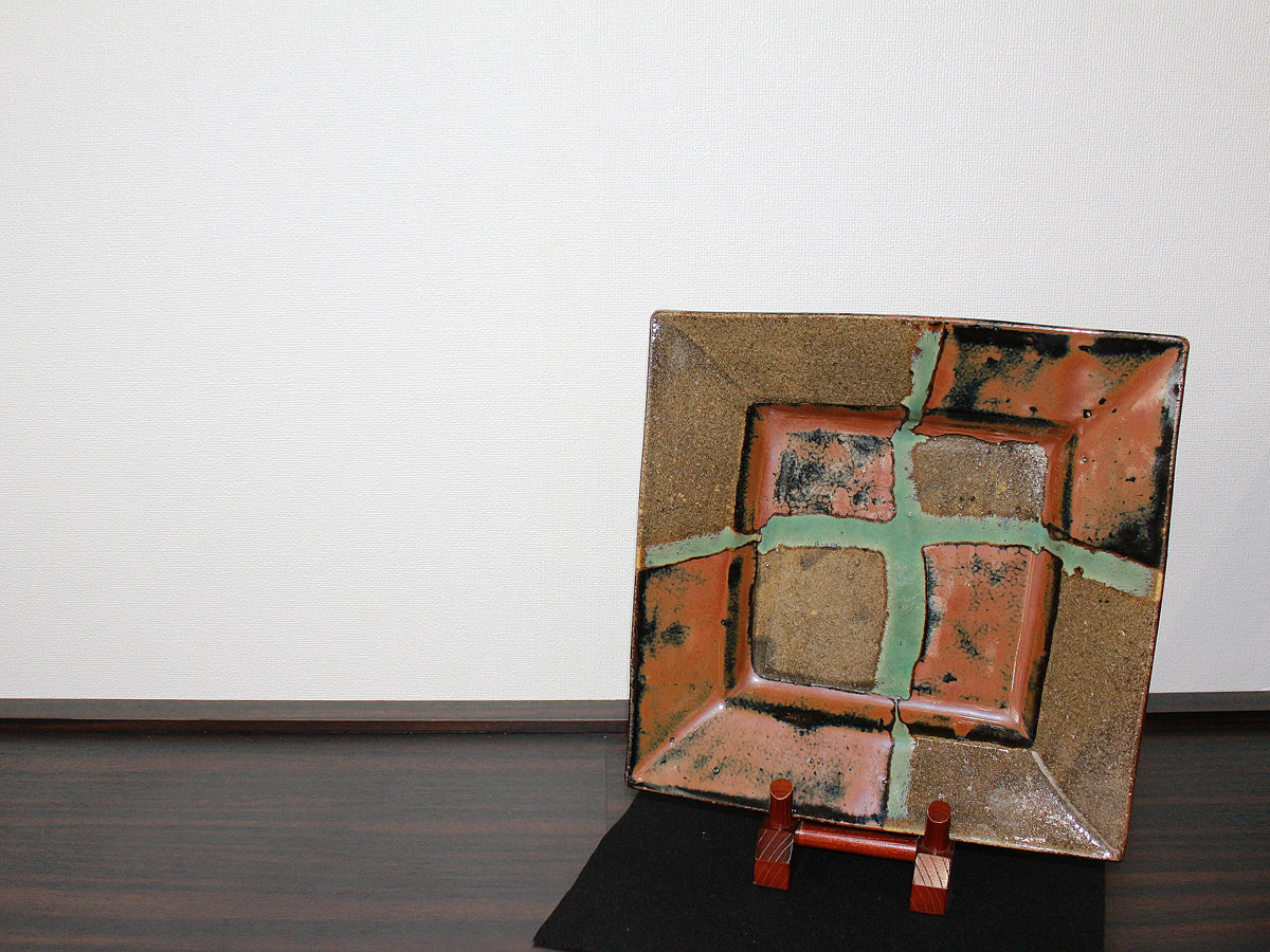 26003 人間国宝 浜田庄司 柿釉青差角皿 HAMADA Syoji