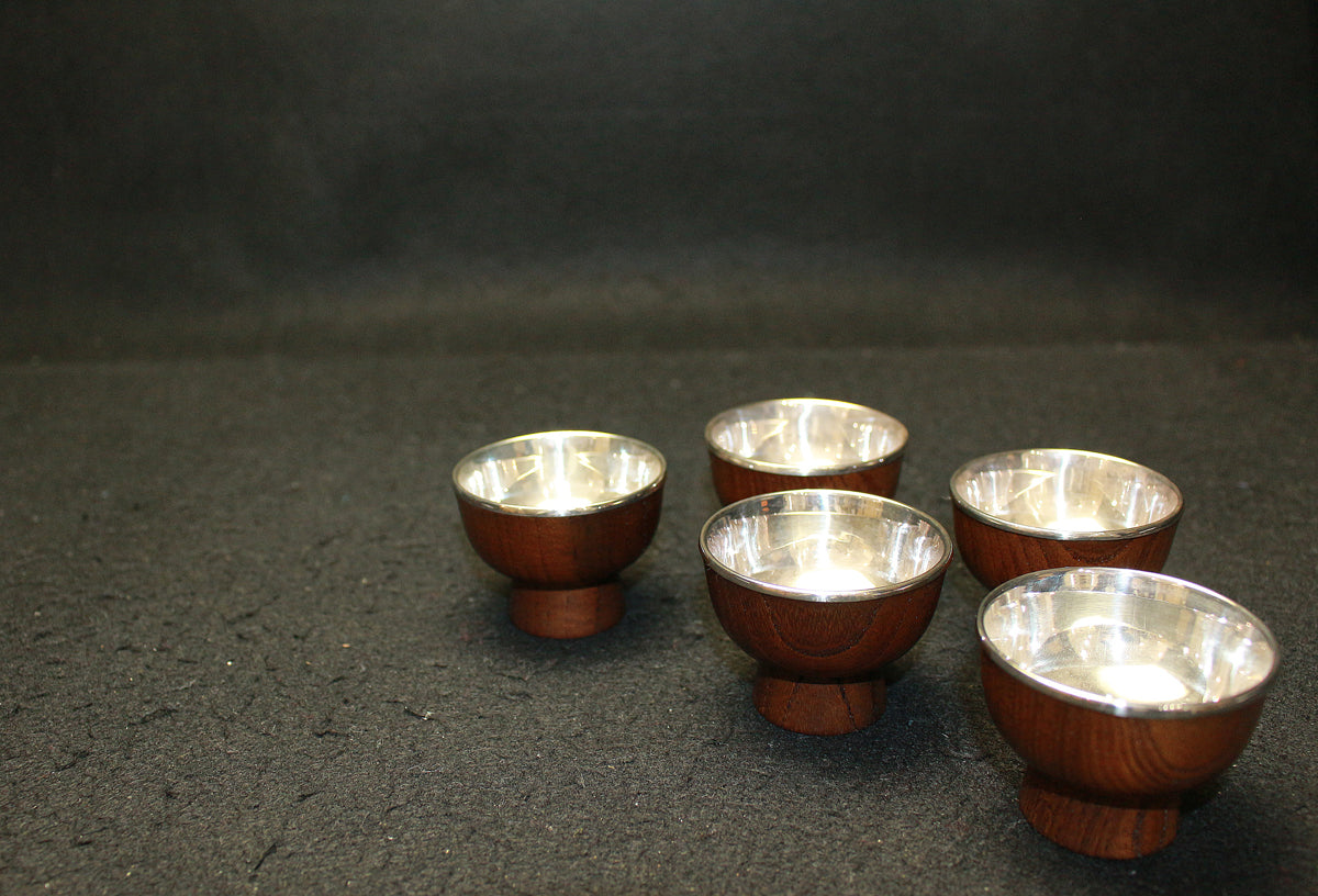 26043 人間国宝 川北良造 神代欅銀盃5客 KAWAKITA Ryozo