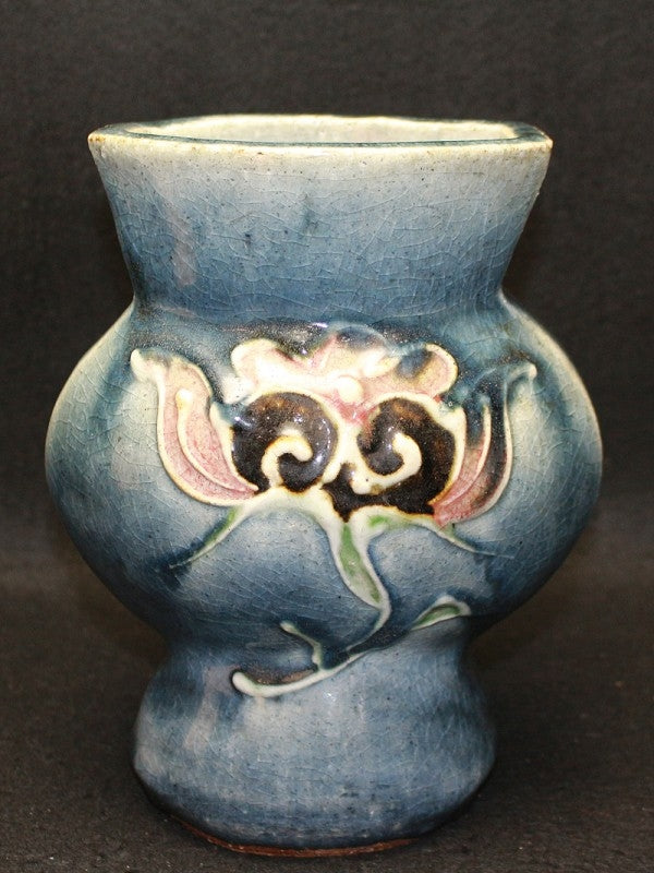 25438 Kanjiro Kawai, Cobalt blue cylindrical painted flower pattern flat vase (Kanjiro Toshi) 