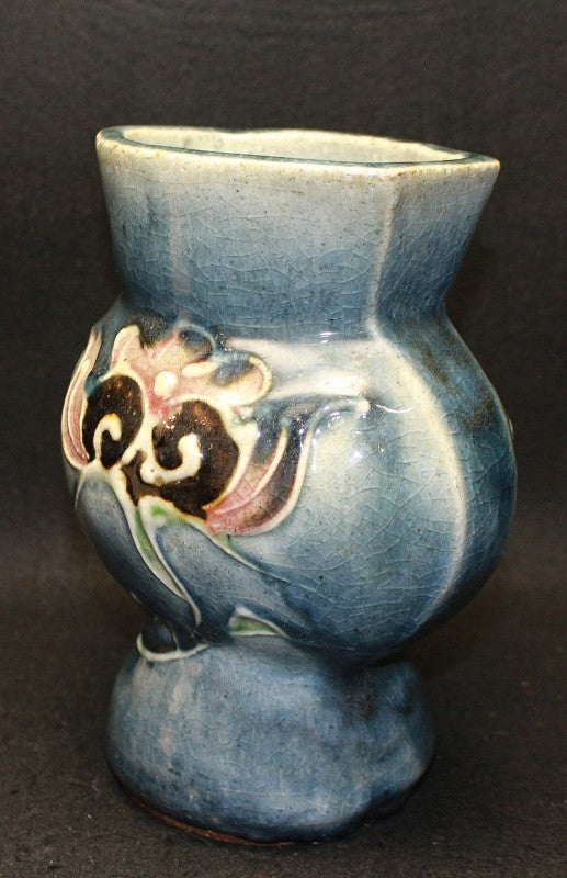 25438 Kanjiro Kawai, Cobalt blue cylindrical painted flower pattern flat vase (Kanjiro Toshi) 