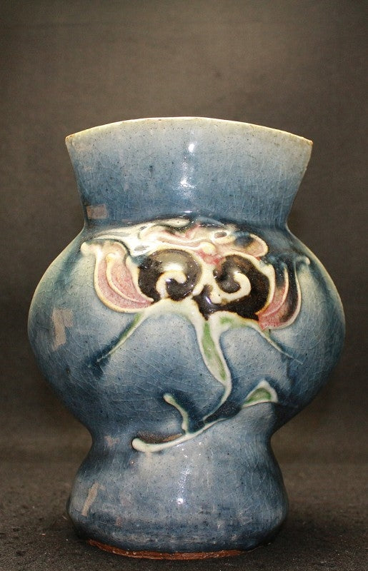 25438 Kanjiro Kawai, Cobalt blue cylindrical painted flower pattern flat vase (Kanjiro Toshi) 