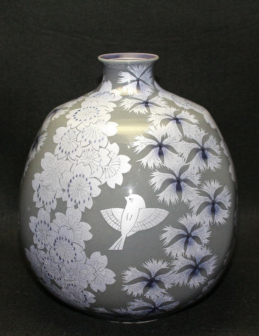 25627 NAKATA Kazuo (Sumiji shion glaze lining silver colored flower spring and autumn pattern flat jar) 