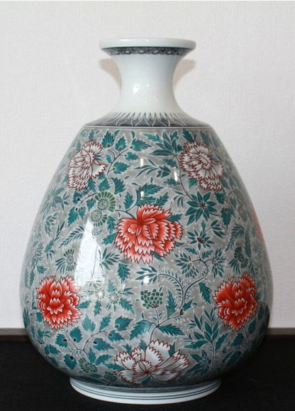 24441 Living National Treasure 14th Generation Imaizumi Imaemon (Colored Ink Splashing Chrysanthemum Sarasa Design Vase) 