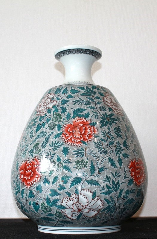 24441 Living National Treasure 14th Generation Imaizumi Imaemon (Colored Ink Splashing Chrysanthemum Sarasa Design Vase) 