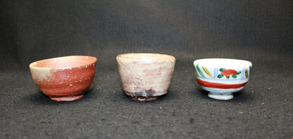 25301 Living National Treasure Kato Hajime (Three types of ceramic cups, colored, bush clover, and Shigaraki) 