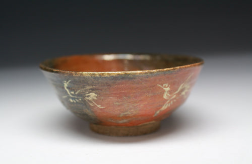 21913 11th Generation Raku Kichizaemon [Kei-iri] (Red Sake Cup with Crane and Turtle Painting) RAKU Kichizaemon