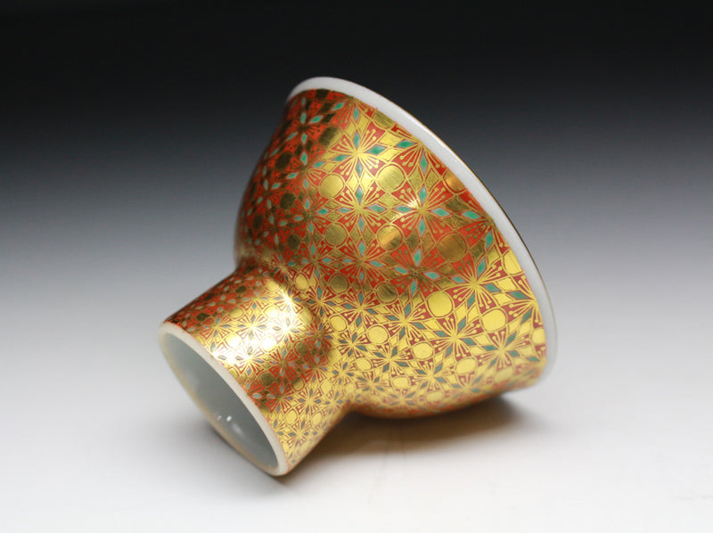 22125 4th Generation Kamide Kizan (Gold Brocade Hand-cut Five-colored Small Pattern Sake Cup) 