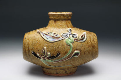 20822 Kanjiro Kawai [Bin Takashi] (Ash-glazed cylindrical vase with floral motif)