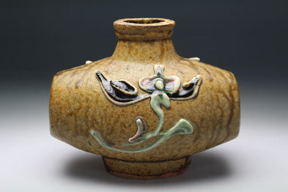 20822 Kanjiro Kawai [Bin Takashi] (Ash-glazed cylindrical vase with floral motif)