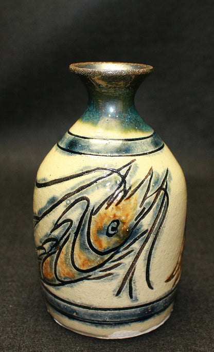 26172 Living National Treasure Jiro Kinjo Sake Bottle with Shrimp and Fish Motif KINJO Jiro 