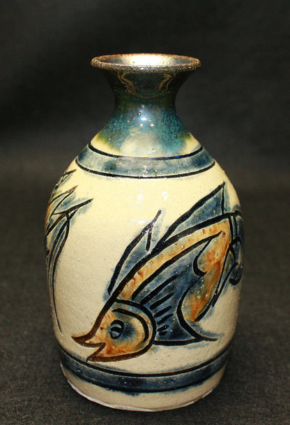 26172 Living National Treasure Jiro Kinjo Sake Bottle with Shrimp and Fish Motif KINJO Jiro 