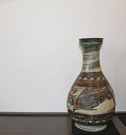 26189　 人間国宝   金城次郎　魚紋花瓶　KINJO　Jiro