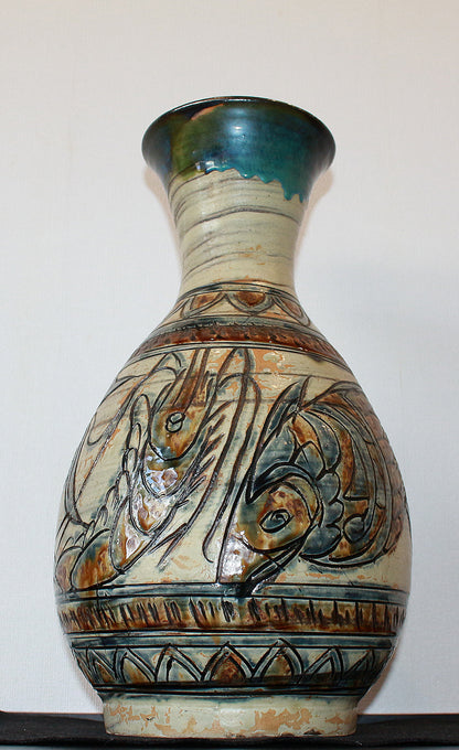 26218 Living National Treasure Jiro Kinjo Tsuboya Ware Vase with Shrimp and Fish Design KINJO Jiro 