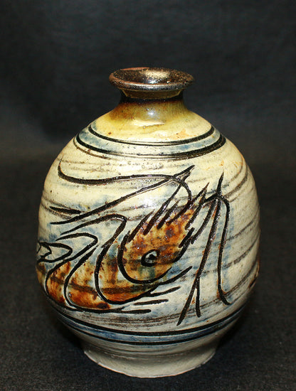 26233 Living National Treasure Jiro Kinjo Fish Pattern Sake Bottle KINJO Jiro