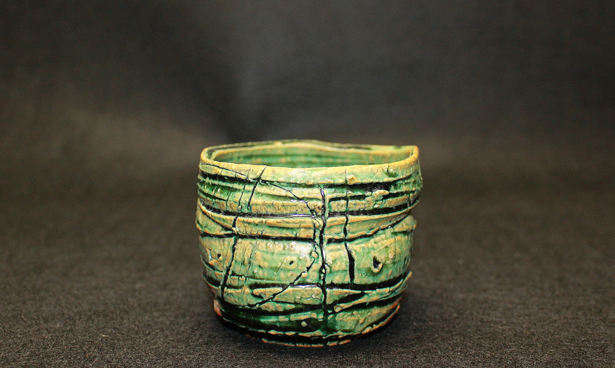 26234 Yamada Kazu Blue Oribe split high-footed sake cup YAMADA Kazu