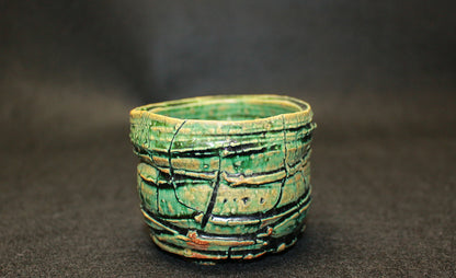 26234 Yamada Kazu Blue Oribe split high-footed sake cup YAMADA Kazu