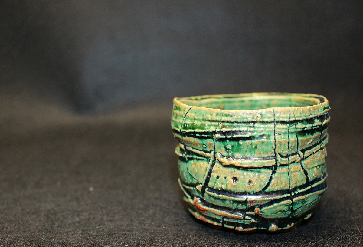 26234 Yamada Kazu Blue Oribe split high-footed sake cup YAMADA Kazu