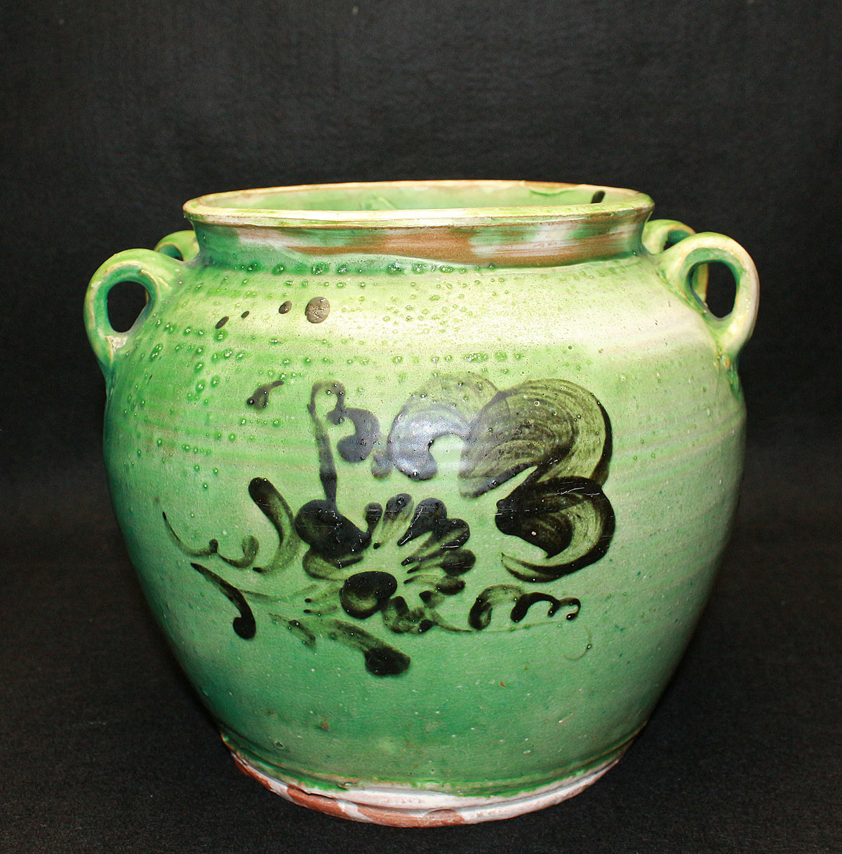 26323	河井寛次郎    青釉花絵耳付壷（つね識）　 KAWAI  Kanjiro