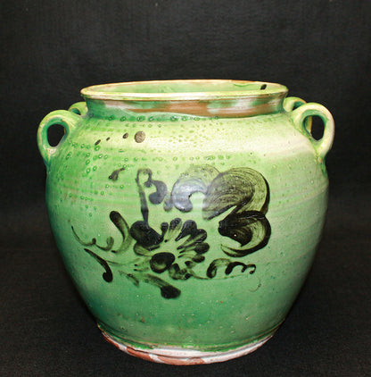26323	河井寛次郎    青釉花絵耳付壷（つね識）　 KAWAI  Kanjiro