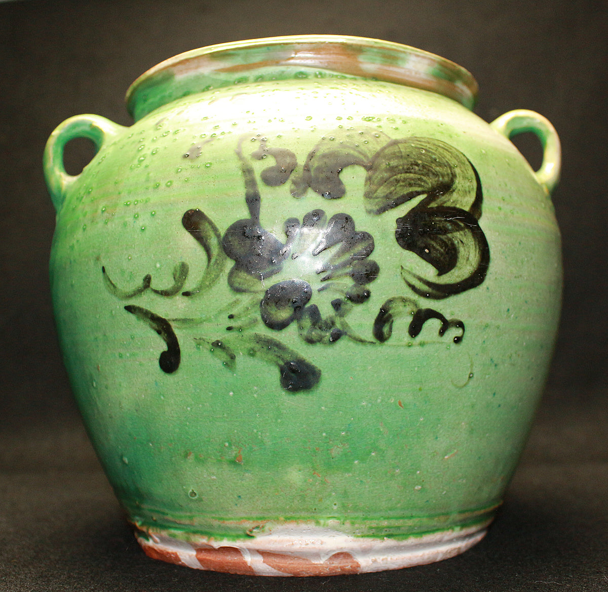 26323	河井寛次郎    青釉花絵耳付壷（つね識）　 KAWAI  Kanjiro