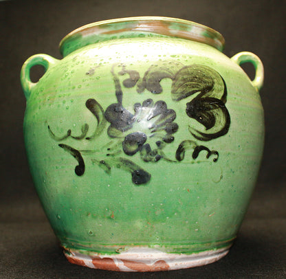 26323	河井寛次郎    青釉花絵耳付壷（つね識）　 KAWAI  Kanjiro