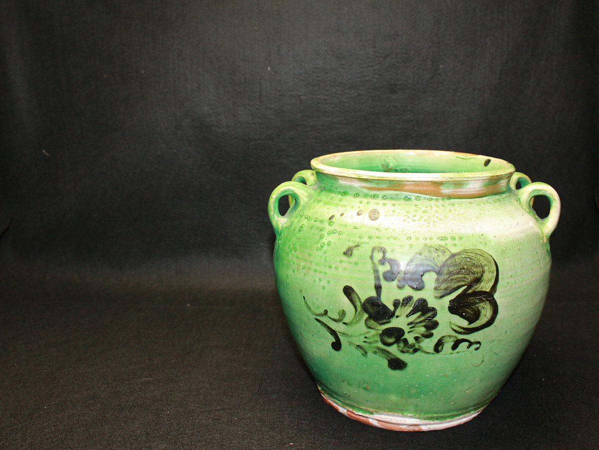 26323	河井寛次郎    青釉花絵耳付壷（つね識）　 KAWAI  Kanjiro