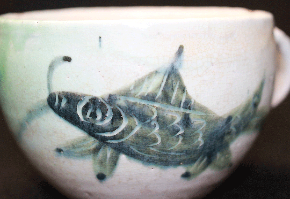 26446	河井寛次郎　魚画紅茶盌6客・紅茶碟6客　「鐘寛」　大正13年頃　　KAWAI Kanjiro
