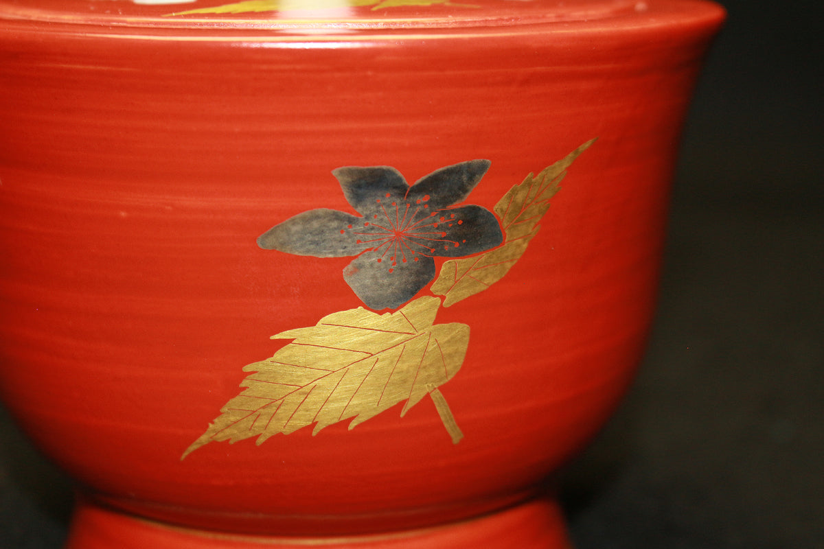 26047 13th Sakaida Kakiemon Incense Burner with Dark Red and Golden Yamabuki Design