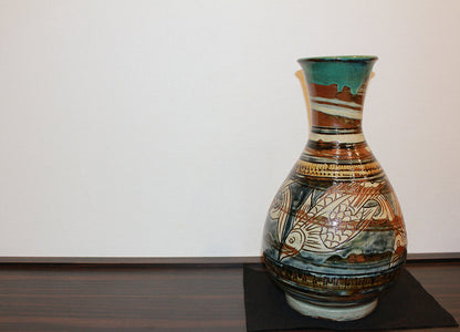 26121 Living National Treasure Jiro Kinjo Tsuboya-yaki Fish Design Jar